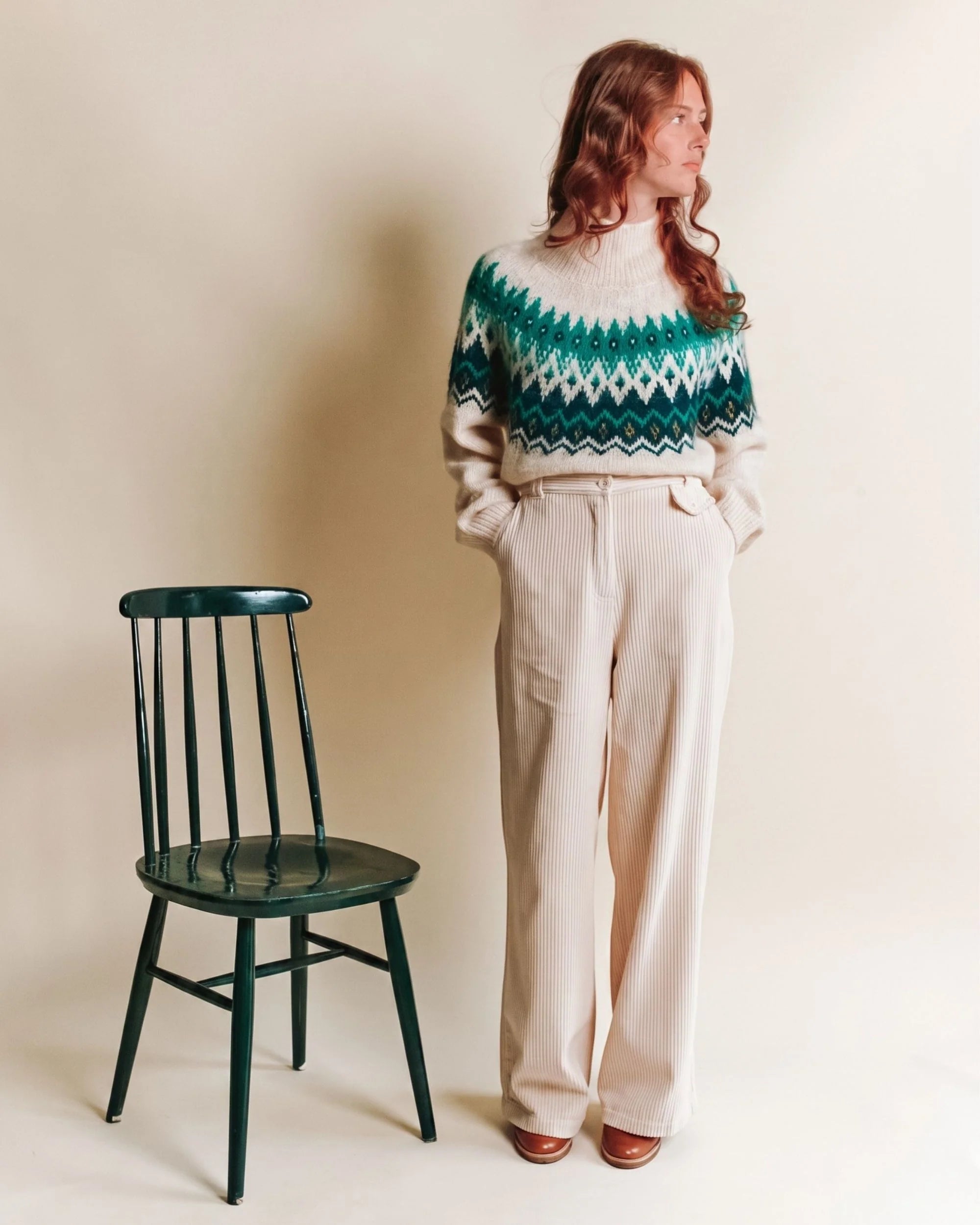 Pull jacquard  ADULTE Écrue et Vert EMILE & IDA