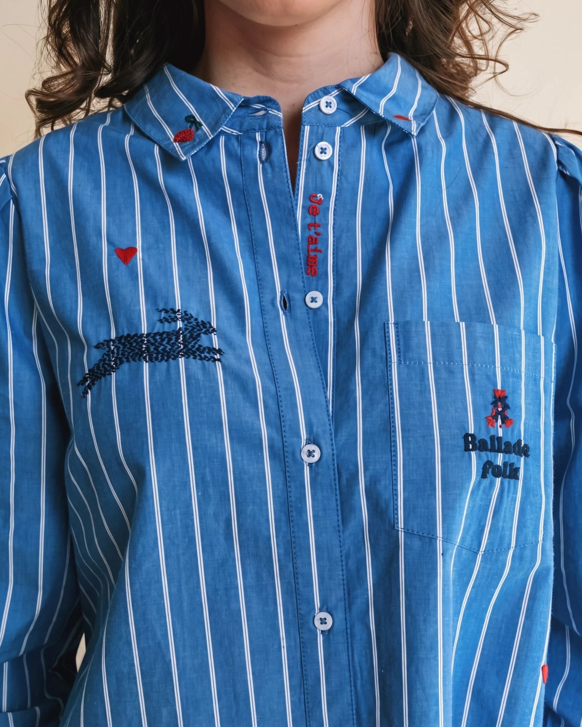 Chemise brodé rayures ADULTE Bleu EMILE ET IDA