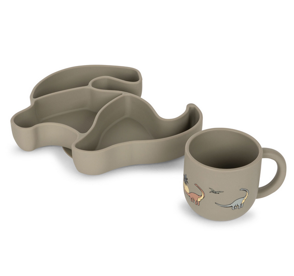 Assiette creuse et tasse dino en silicone stone KONGES SLOJD