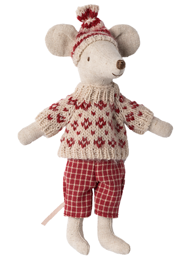 Souris en hiver et sa paire de skis Maman Rouge MAILEG